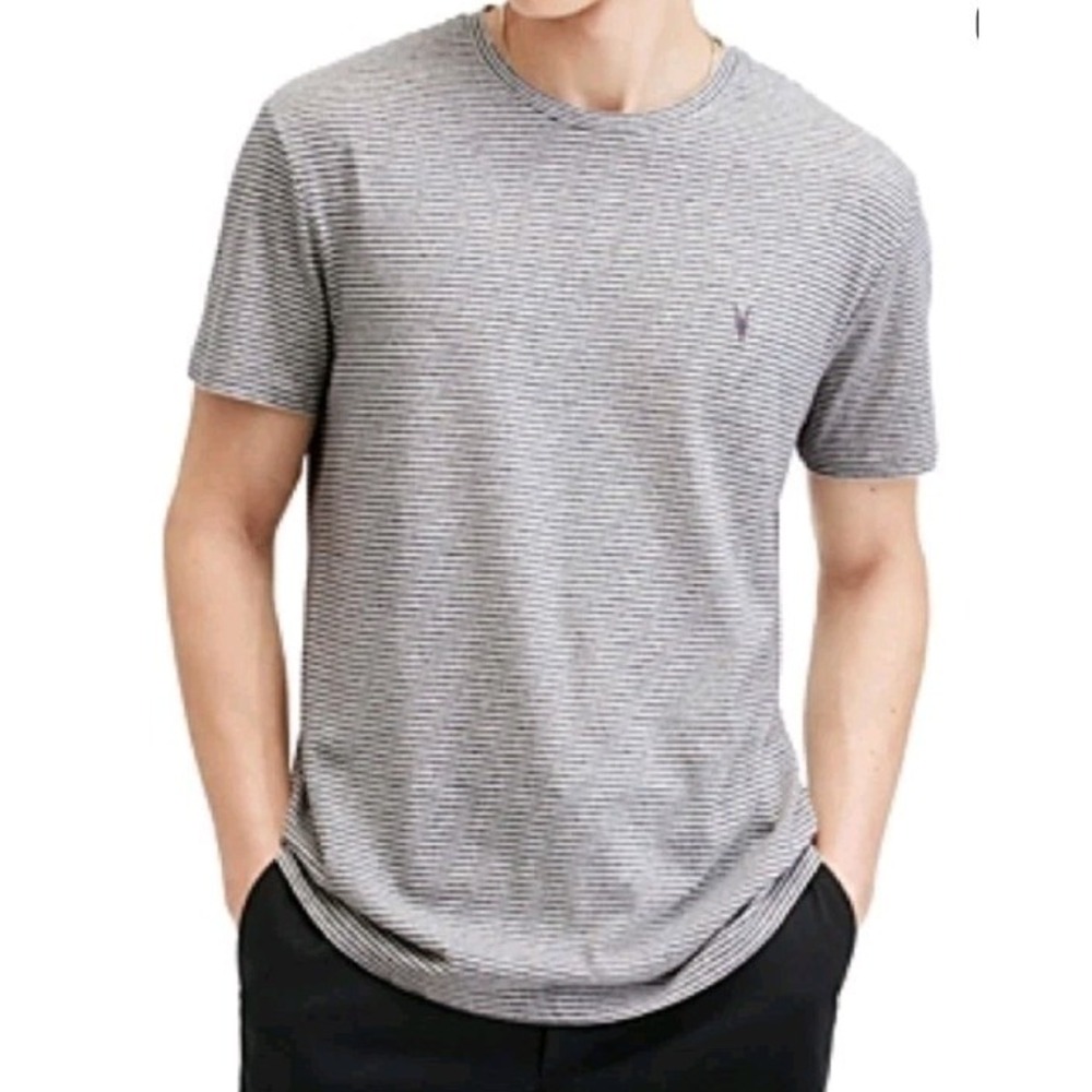 AllSaints T-Shirt Maddox SS Crew Men L Grey White Micro-Stripe Ram-Skull Logo